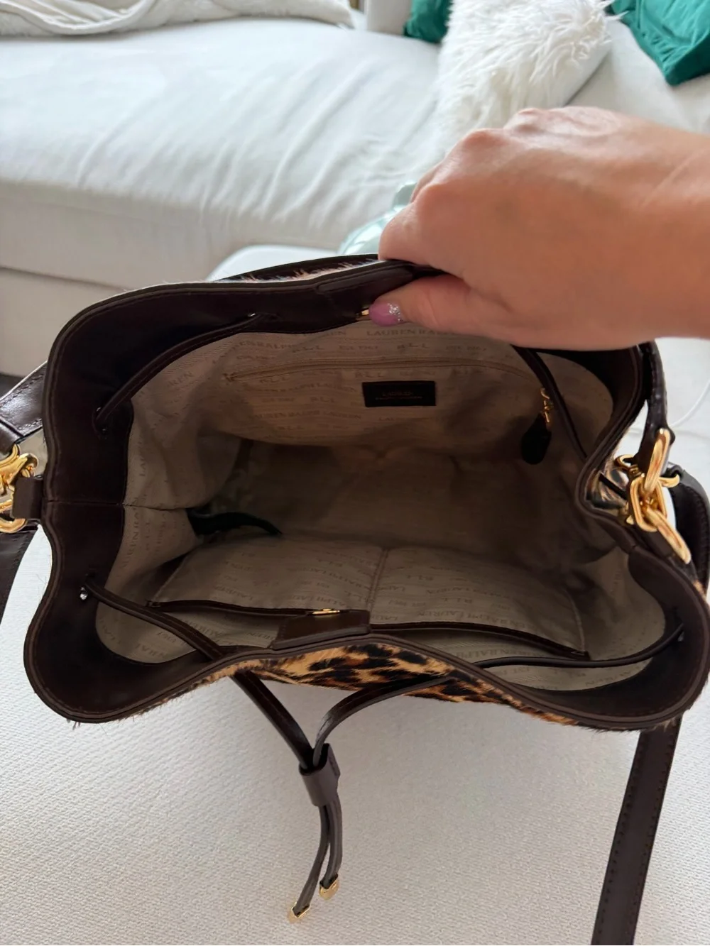Polo by Ralph Lauren Leopard Print Bucket Shoulder Bag - Brown/Black
